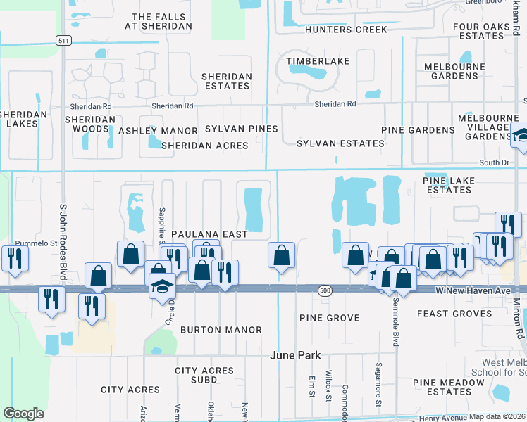 map of restaurants, bars, coffee shops, grocery stores, and more near 1695 Vista Lake Circle in Melbourne