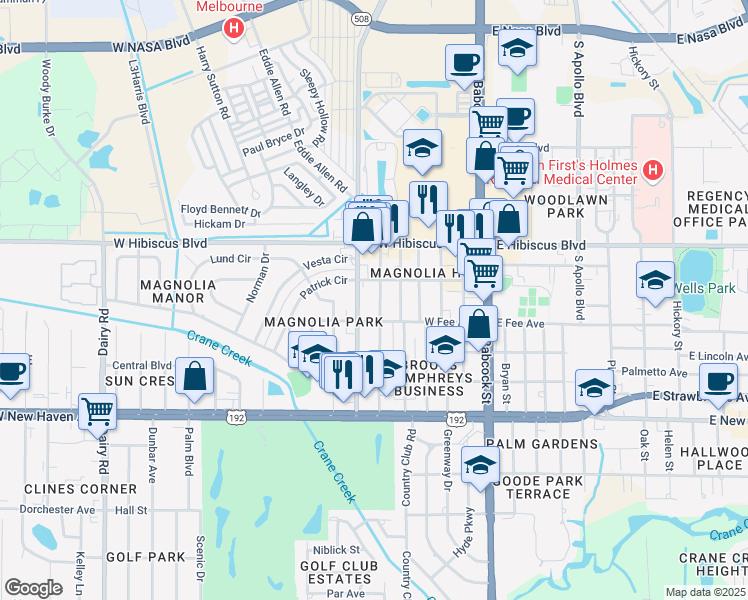 map of restaurants, bars, coffee shops, grocery stores, and more near 207 Seminole Ave W in Melbourne