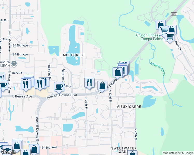 map of restaurants, bars, coffee shops, grocery stores, and more near 4023 Dream Oak Place in Tampa