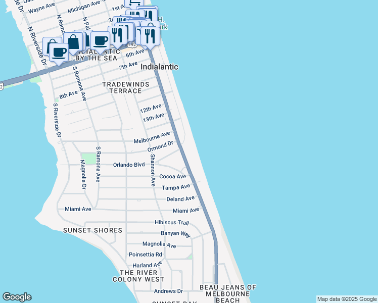 map of restaurants, bars, coffee shops, grocery stores, and more near 1305 South Miramar Avenue in Indialantic