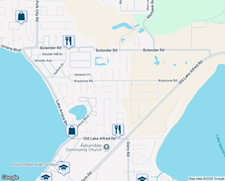 map of restaurants, bars, coffee shops, grocery stores, and more near 1256 Keystone Court in Auburndale