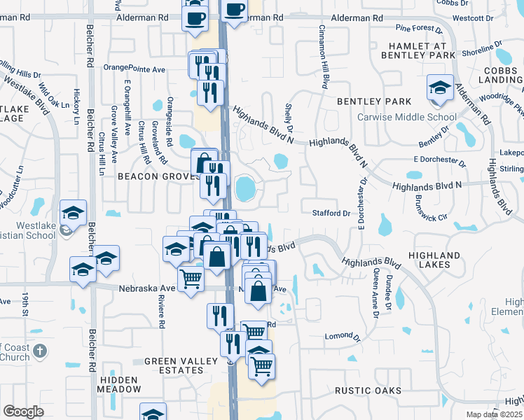 map of restaurants, bars, coffee shops, grocery stores, and more near 1700 Pine Ridge Way West in Palm Harbor