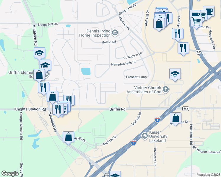 map of restaurants, bars, coffee shops, grocery stores, and more near 1822 Masters Lane in Lakeland