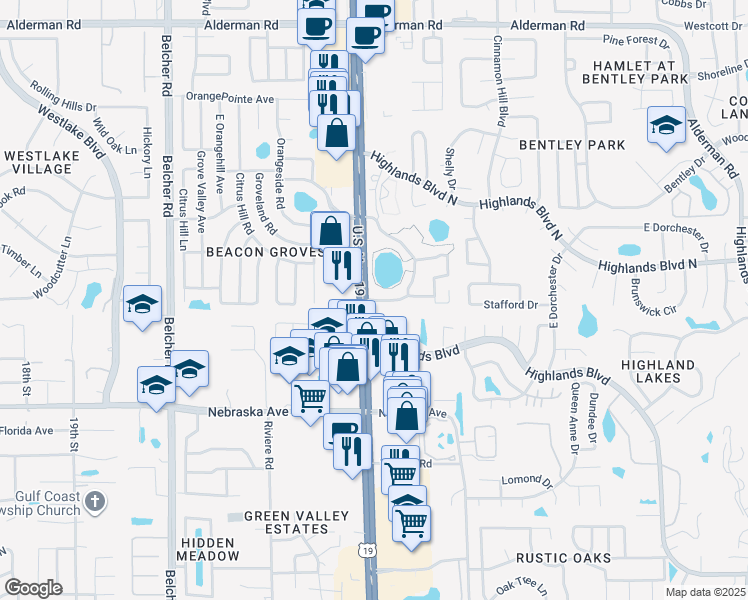 map of restaurants, bars, coffee shops, grocery stores, and more near 3751 Pine Ridge Way South in Palm Harbor