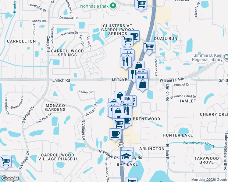 map of restaurants, bars, coffee shops, grocery stores, and more near 14641 Par Club Circle in Tampa