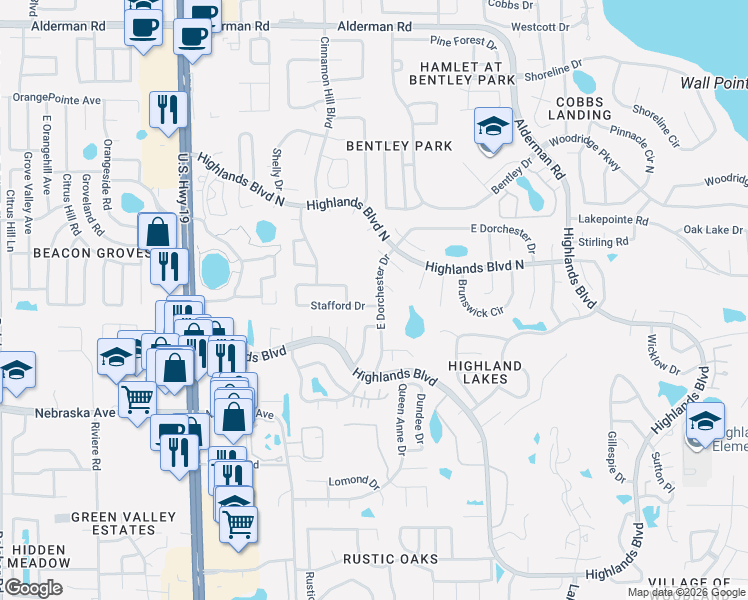 map of restaurants, bars, coffee shops, grocery stores, and more near 101 Stafford Drive in Palm Harbor