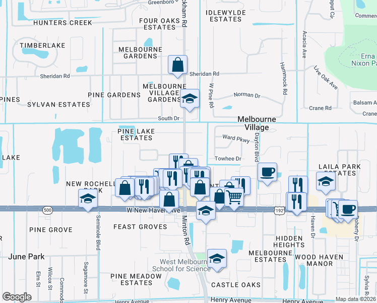 map of restaurants, bars, coffee shops, grocery stores, and more near 1510 South Wickham Road in West Melbourne