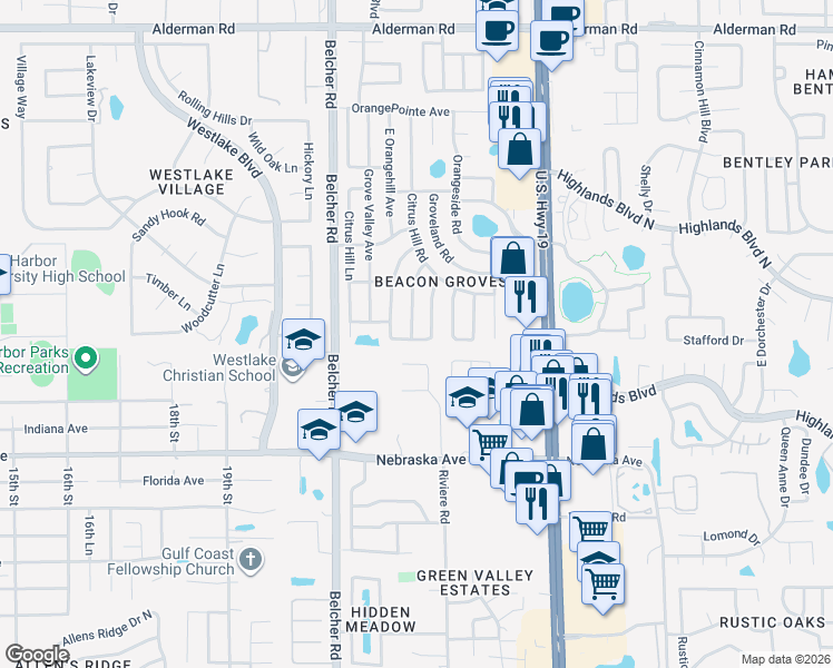 map of restaurants, bars, coffee shops, grocery stores, and more near 1613 East Groveleaf Avenue in Palm Harbor