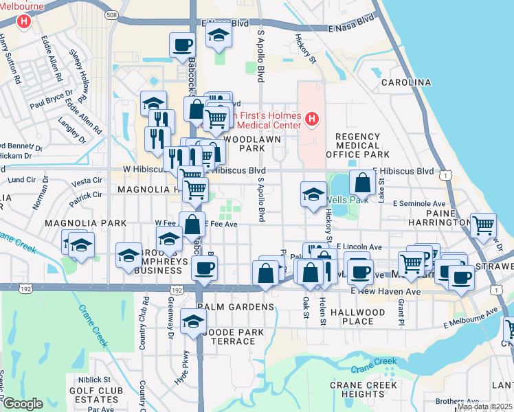 map of restaurants, bars, coffee shops, grocery stores, and more near 1618 South Apollo Boulevard in Melbourne