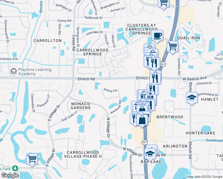 map of restaurants, bars, coffee shops, grocery stores, and more near 4009 Priory Circle in Tampa