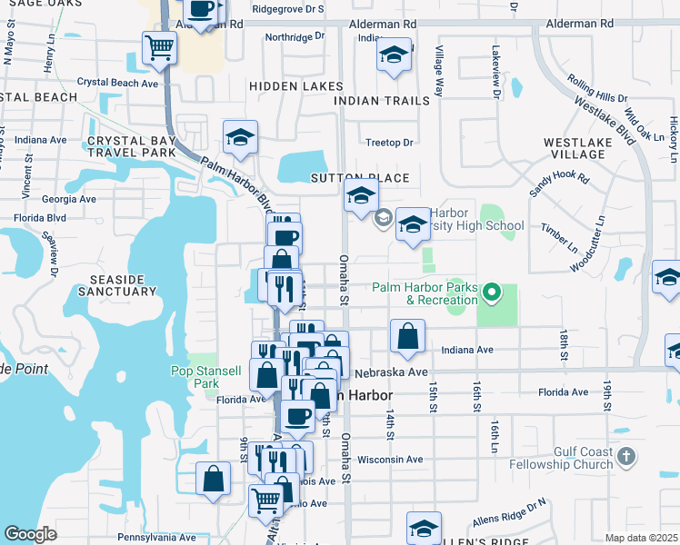 map of restaurants, bars, coffee shops, grocery stores, and more near 1215 New York Avenue in Palm Harbor