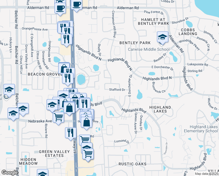 map of restaurants, bars, coffee shops, grocery stores, and more near 123 Stafford Drive in Palm Harbor