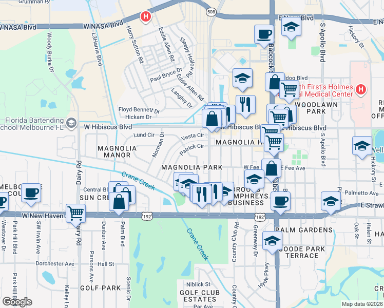 map of restaurants, bars, coffee shops, grocery stores, and more near 412 Lund Circle in Melbourne