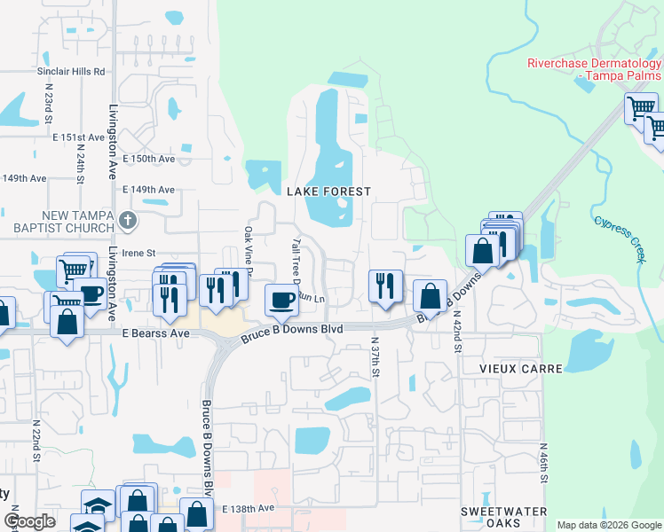 map of restaurants, bars, coffee shops, grocery stores, and more near 14711 Lake Forest Drive in Lutz