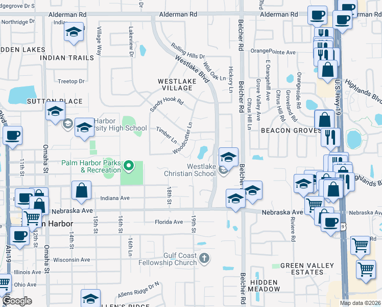 map of restaurants, bars, coffee shops, grocery stores, and more near 57 Lakeview Drive in Palm Harbor
