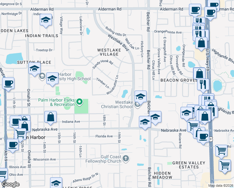 map of restaurants, bars, coffee shops, grocery stores, and more near 498 Lakeview Drive in Palm Harbor