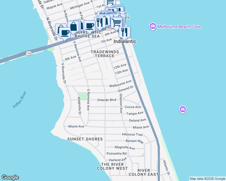 map of restaurants, bars, coffee shops, grocery stores, and more near 244 Ormond Drive in Indialantic