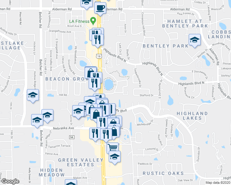 map of restaurants, bars, coffee shops, grocery stores, and more near 2666 Pine Ridge Way South in Palm Harbor