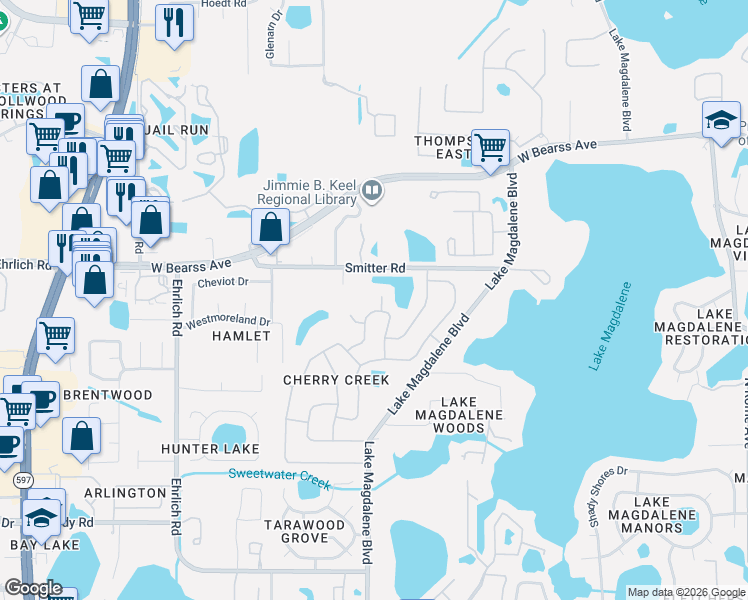 map of restaurants, bars, coffee shops, grocery stores, and more near 3107 Old Spring Place in Tampa