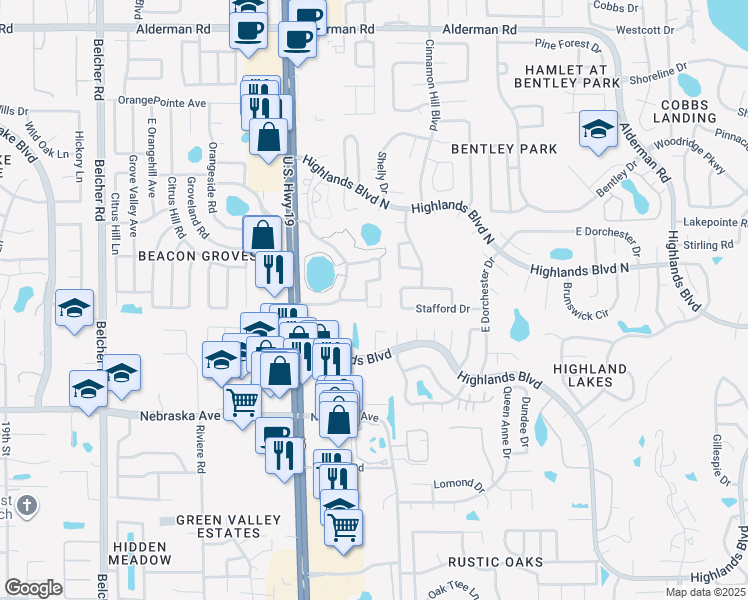 map of restaurants, bars, coffee shops, grocery stores, and more near 2676 Pine Ridge Way South in Palm Harbor