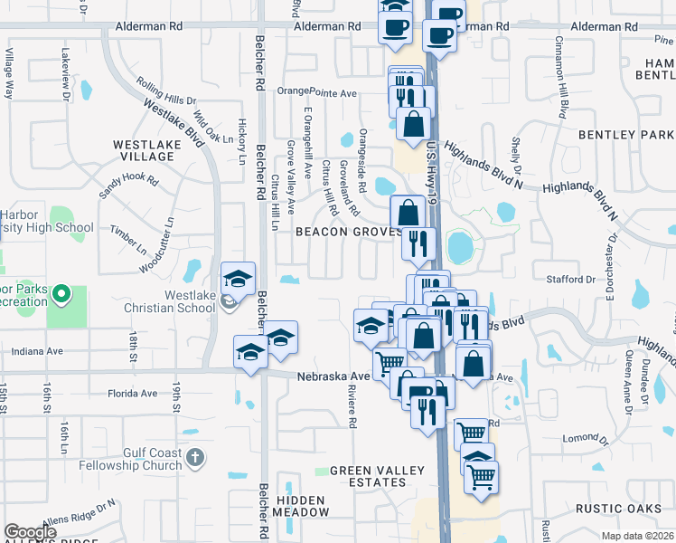map of restaurants, bars, coffee shops, grocery stores, and more near 1613 East Groveleaf Avenue in Palm Harbor