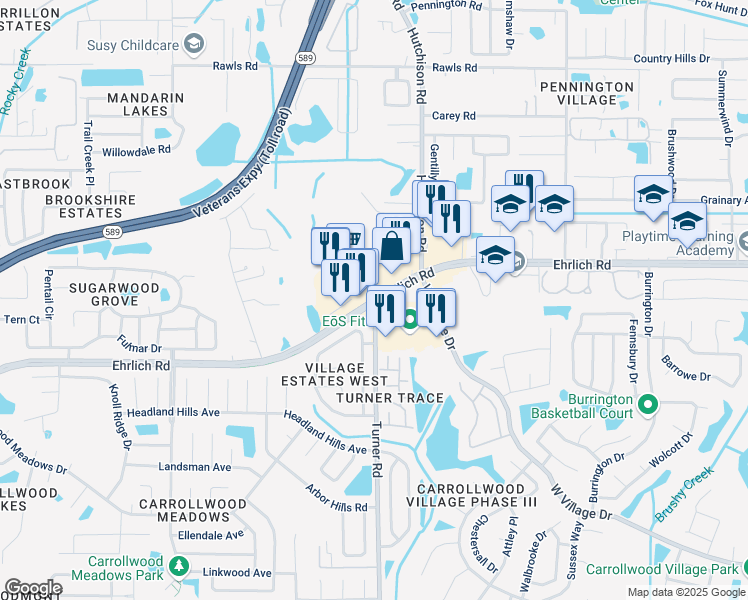 map of restaurants, bars, coffee shops, grocery stores, and more near Ehrlich Rd & Turner Rd in Greater Northdale