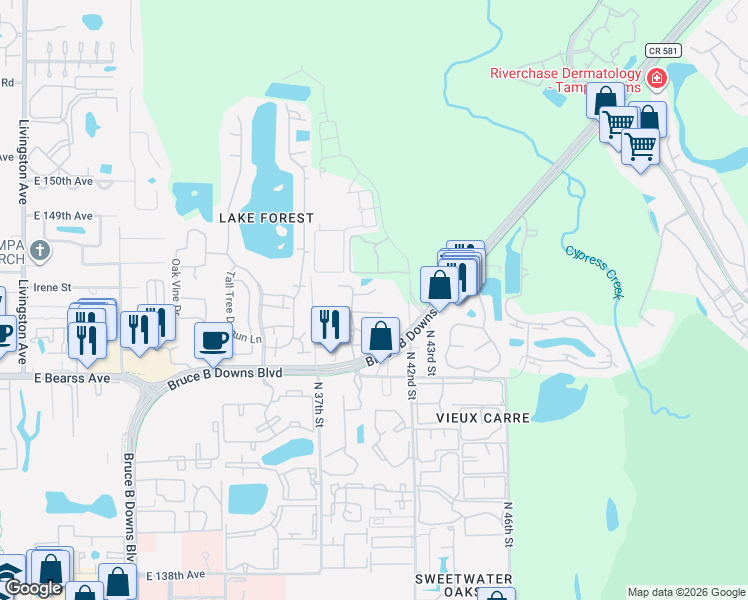 map of restaurants, bars, coffee shops, grocery stores, and more near 4023 Dream Oak Place in Tampa