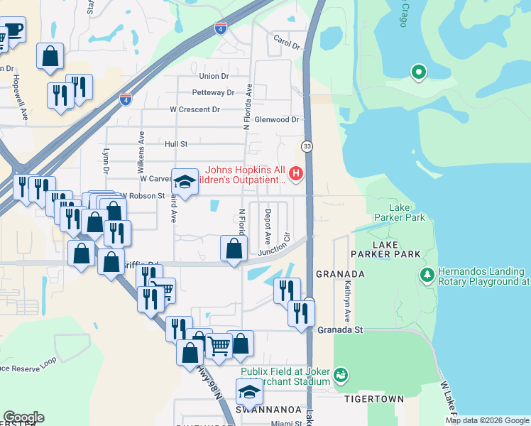 map of restaurants, bars, coffee shops, grocery stores, and more near 3149 Depot Avenue in Lakeland