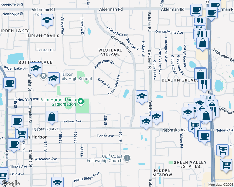 map of restaurants, bars, coffee shops, grocery stores, and more near 57 Lakeview Drive in Palm Harbor
