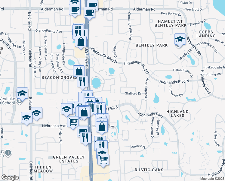 map of restaurants, bars, coffee shops, grocery stores, and more near 2676 Pine Ridge Way South in Palm Harbor