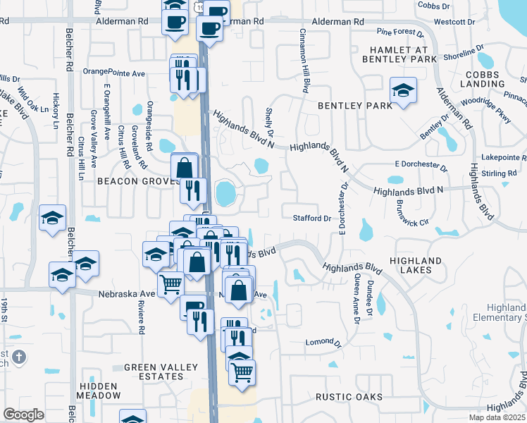 map of restaurants, bars, coffee shops, grocery stores, and more near 2687 Pine Ridge Way South in Palm Harbor