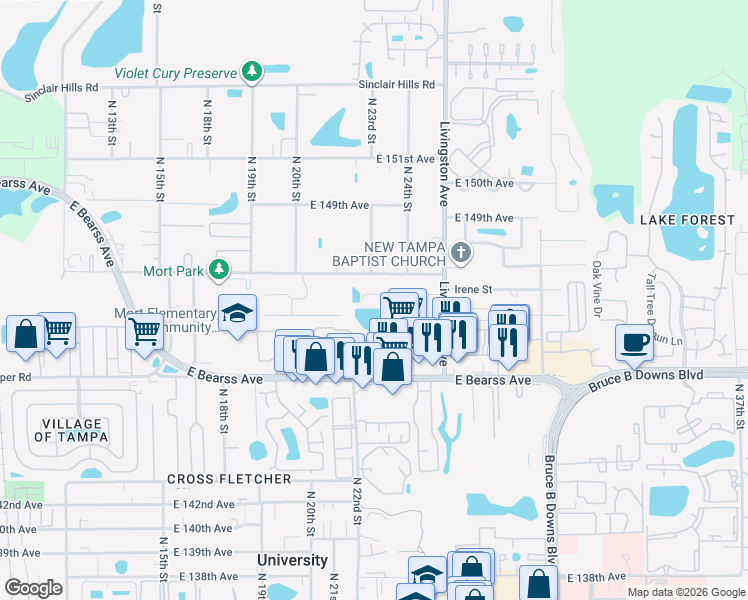 map of restaurants, bars, coffee shops, grocery stores, and more near 2203 Irene Street in Lutz