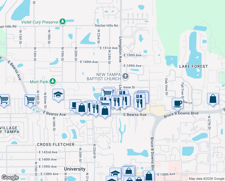 map of restaurants, bars, coffee shops, grocery stores, and more near 2505 Irene Street in Lutz