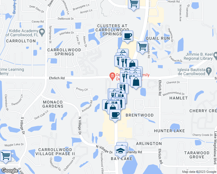 map of restaurants, bars, coffee shops, grocery stores, and more near 14625 Par Club Circle in Tampa