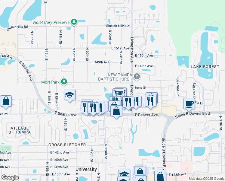 map of restaurants, bars, coffee shops, grocery stores, and more near 2203 Irene Street in Lutz