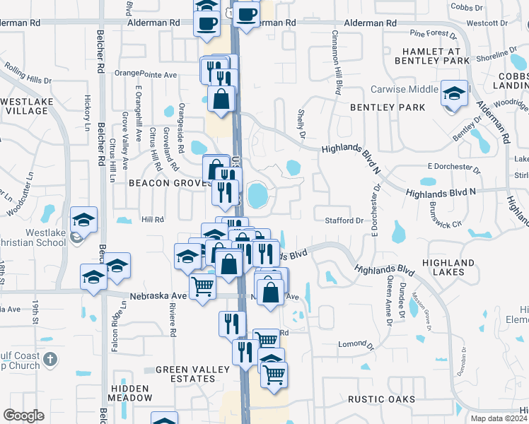 map of restaurants, bars, coffee shops, grocery stores, and more near 2522 Pine Ridge Way South in Palm Harbor