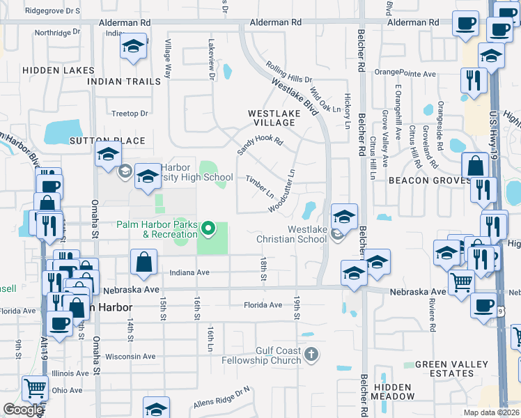 map of restaurants, bars, coffee shops, grocery stores, and more near 150 Woodcutter Lane in Palm Harbor
