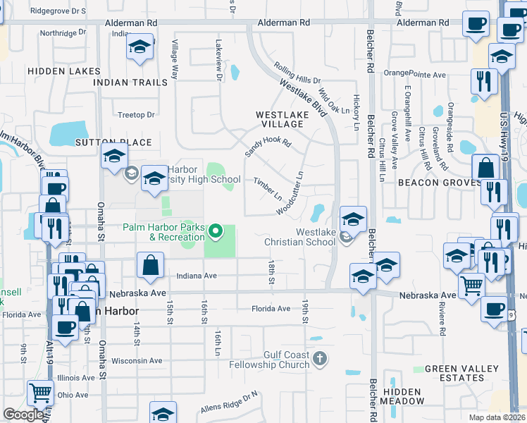 map of restaurants, bars, coffee shops, grocery stores, and more near 150 Woodcutter Lane in Palm Harbor