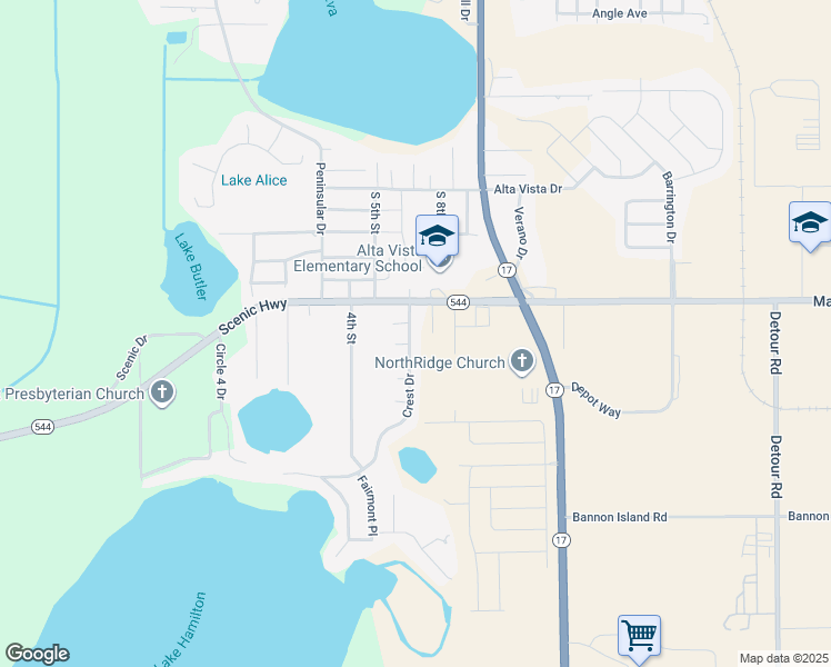 map of restaurants, bars, coffee shops, grocery stores, and more near 2320 Crest Drive in Haines City
