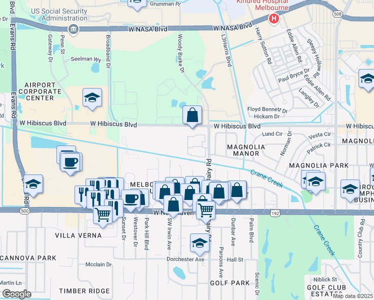 map of restaurants, bars, coffee shops, grocery stores, and more near 102 San Paulo Circle in Melbourne