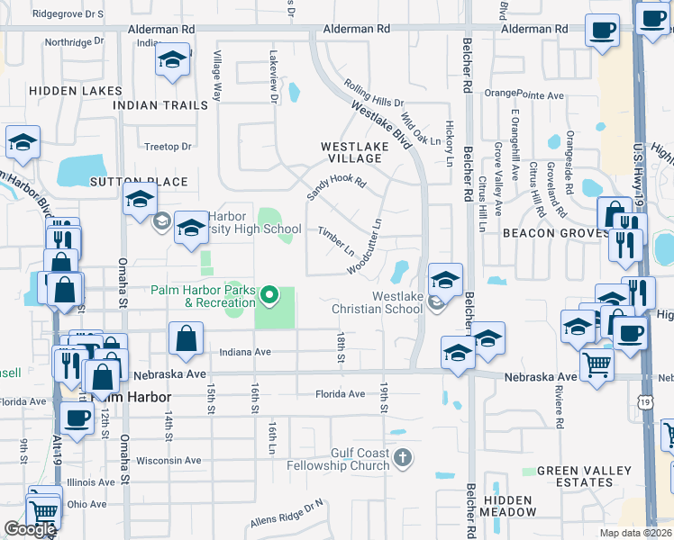 map of restaurants, bars, coffee shops, grocery stores, and more near 150 Woodcutter Lane in Palm Harbor