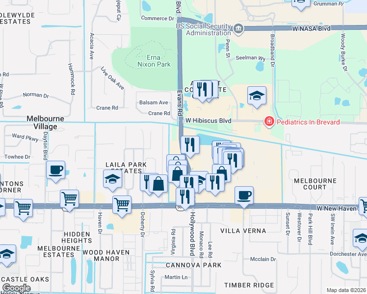 map of restaurants, bars, coffee shops, grocery stores, and more near 1701 Evans Road in Melbourne