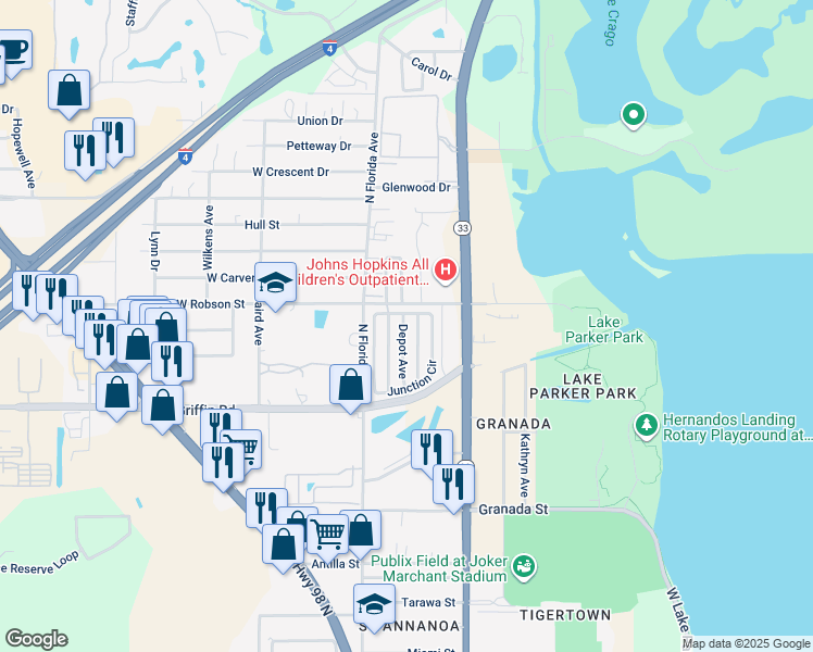 map of restaurants, bars, coffee shops, grocery stores, and more near 3163 Depot Avenue in Lakeland