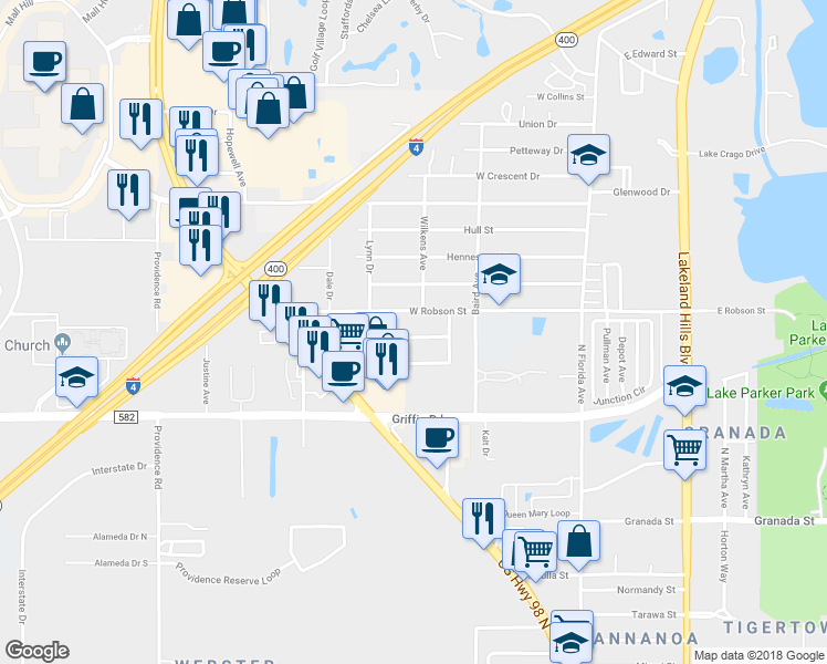 map of restaurants, bars, coffee shops, grocery stores, and more near 633 West Williams Street in Lakeland