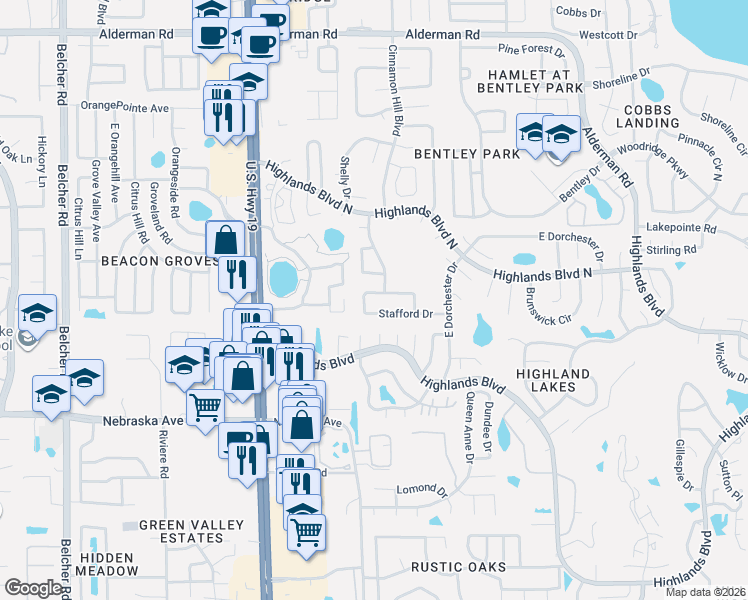 map of restaurants, bars, coffee shops, grocery stores, and more near 123 Stafford Drive in Palm Harbor