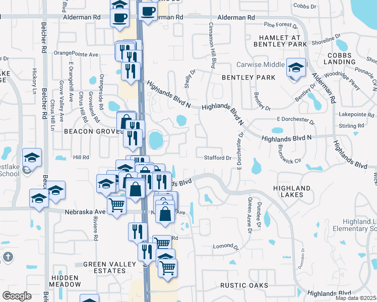 map of restaurants, bars, coffee shops, grocery stores, and more near 2676 Pine Ridge Way South in Palm Harbor