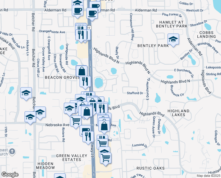 map of restaurants, bars, coffee shops, grocery stores, and more near 1700 Pine Ridge Way West in Palm Harbor