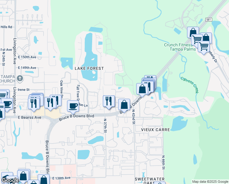 map of restaurants, bars, coffee shops, grocery stores, and more near 14724 Norwood Oaks Drive in Tampa