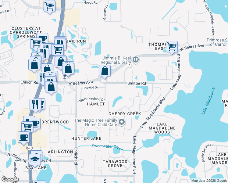 map of restaurants, bars, coffee shops, grocery stores, and more near 3138 Smitter Road in Tampa