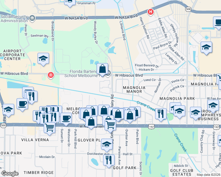 map of restaurants, bars, coffee shops, grocery stores, and more near 230 San Paulo Circle in West Melbourne